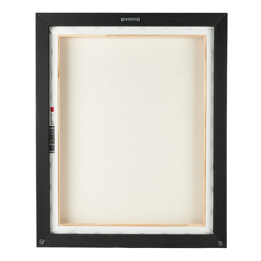 Back side of a framed canvas with hanging hardware and rubber corner stops, to avoid marks on walls.