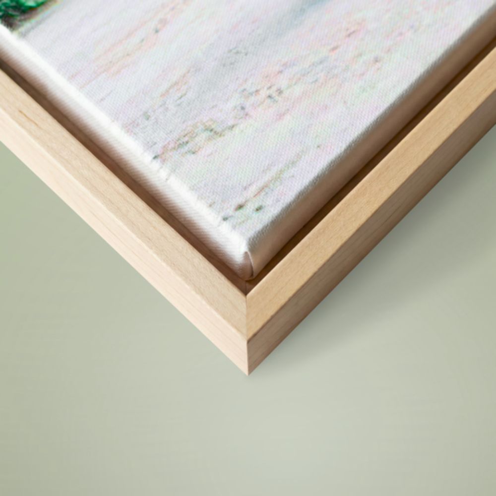 Example of a framed canvas with a natural color wood frame.