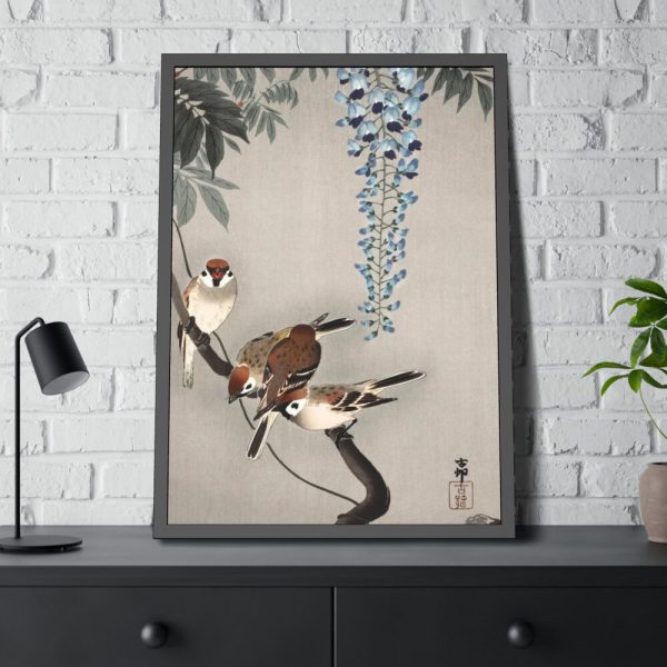 93830-203.jpg Ring sparrows at wisteria Framed Poster
