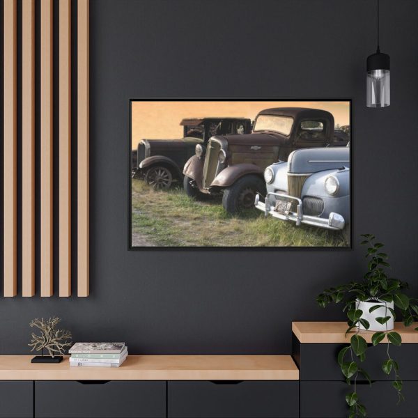 88289-144.jpg Antique Trucks and Cars Along the Road Framed Canvas