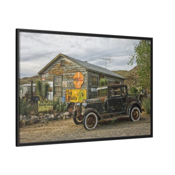 Vintage Truck by the Hut in Desert Framed Canvas