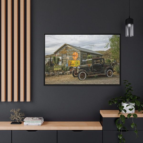 Vintage Truck by the Hut in Desert Framed Canvas
