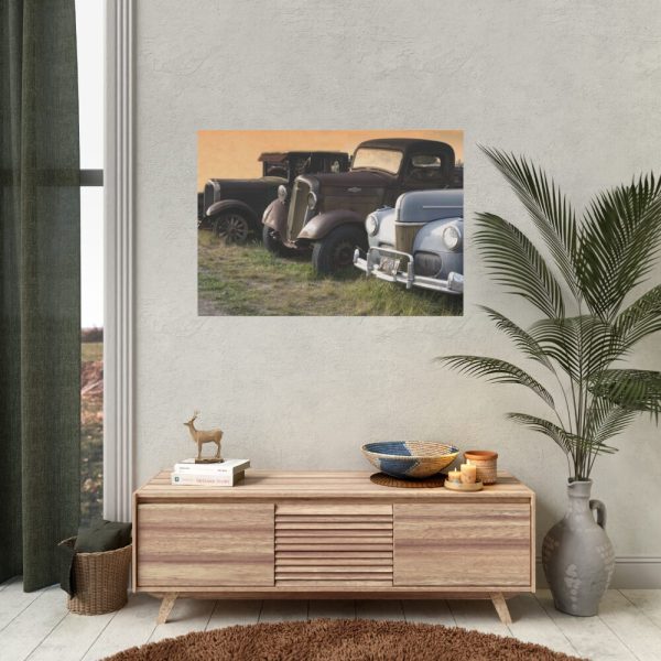 Antique Trucks and Cars Along the Road Poster