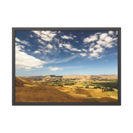 Green and Yellow Fields Under Light Clouds Framed Poster