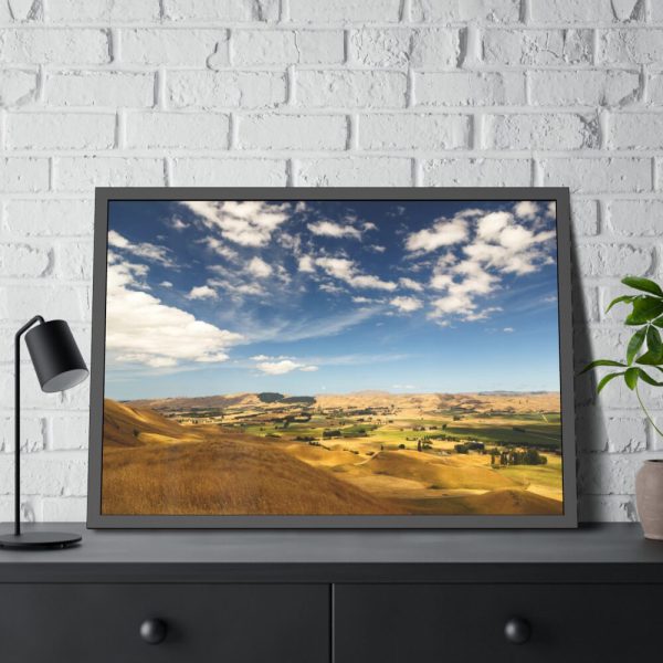 93854-335.jpg Green and Yellow Fields Under Light Clouds Framed Poster