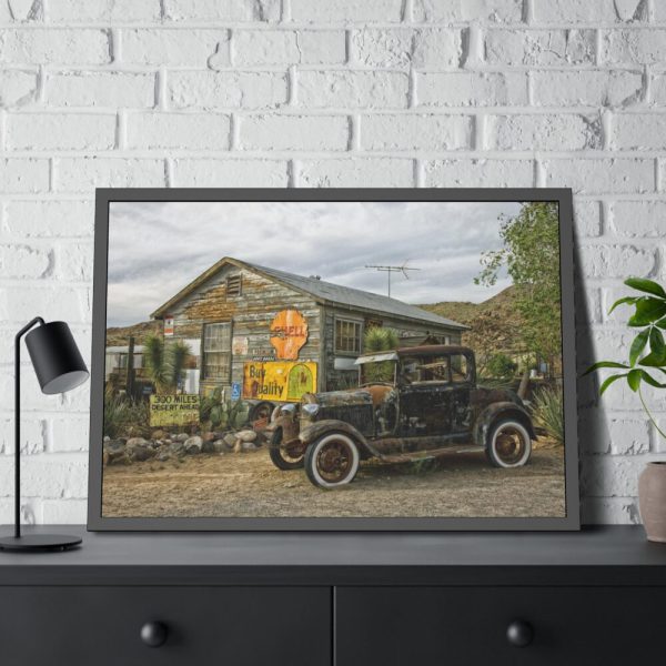 Vintage Truck by the Hut in Desert Framed Poster