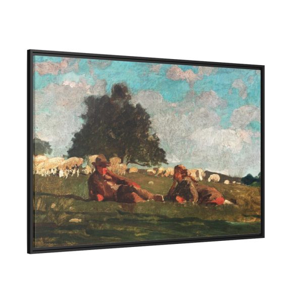 Boy and Girl in a Field with Sheep by Winslow Homer Framed Canvas