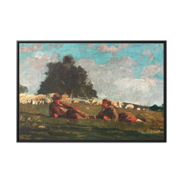 Boy and Girl in a Field with Sheep by Winslow Homer Framed Canvas