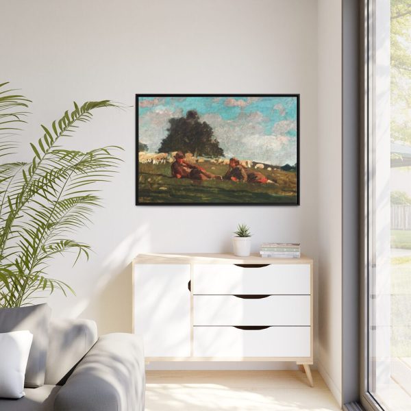 Boy and Girl in a Field with Sheep by Winslow Homer Framed Canvas