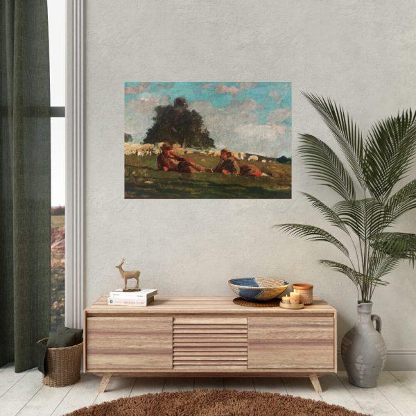 Boy and Girl in a Field with Sheep by Winslow Homer Poster