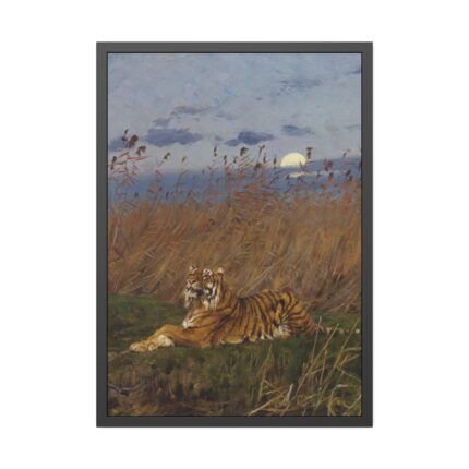 A Tiger Among Rushes In The Moonlight  Framed Poster