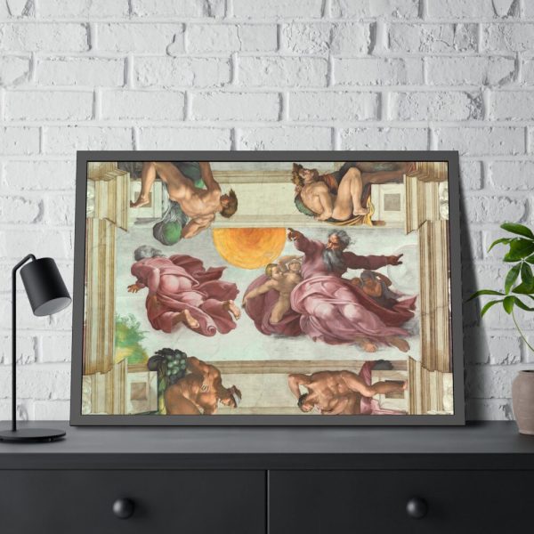 93854-443.jpg The Creation of the Sun and the Moon by Michelangelo Buonarroti Framed Poster