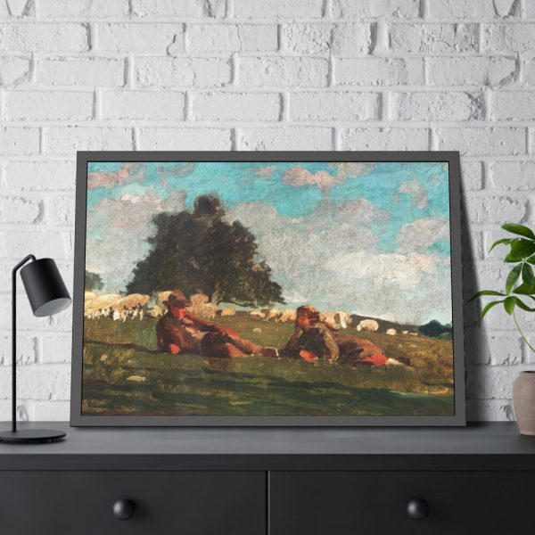 Boy and Girl in a Field with Sheep by Winslow Homer Framed Poster