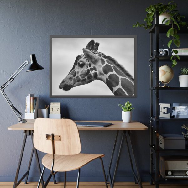Black-and-White Photo of a Giraffe's Head Framed Poster