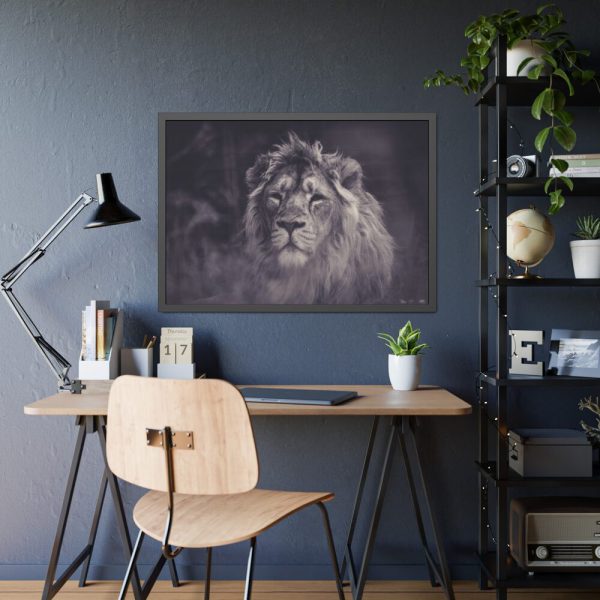 93855-534.jpg Close Up Shot of a Lion's Face in Black and White Framed Poster