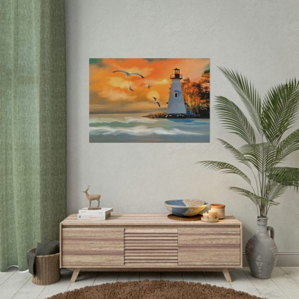 101875-1095.jpg Lighthouse Seagulls and a Beautiful Sky Poster