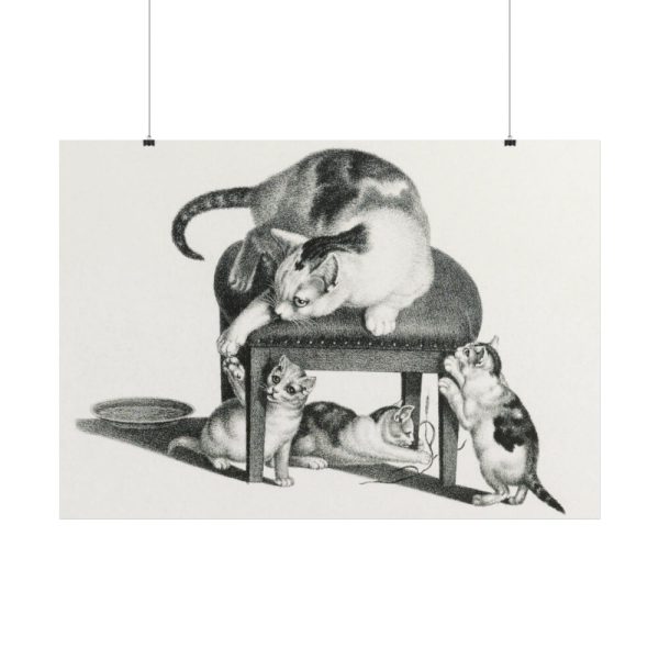 101875-71.jpg Domestic Cat on a Stool and Three Kittens by Gottfried Mind Poster
