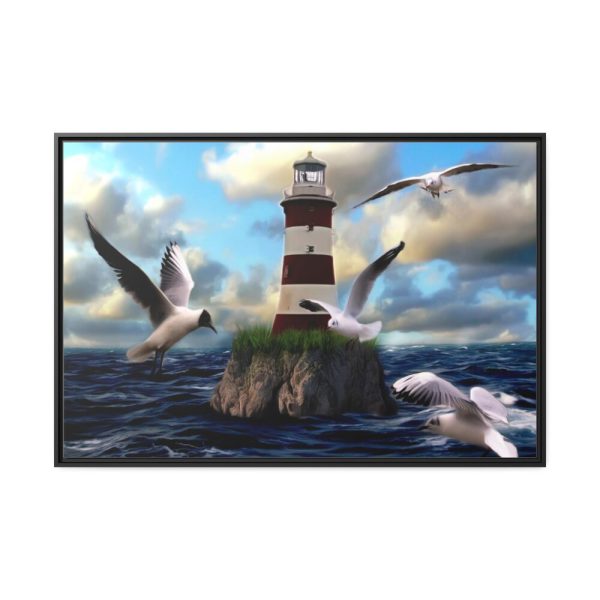 Lighthouse and Seagulls Framed Canvas