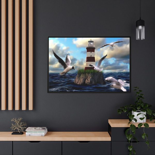 Lighthouse and Seagulls Framed Canvas