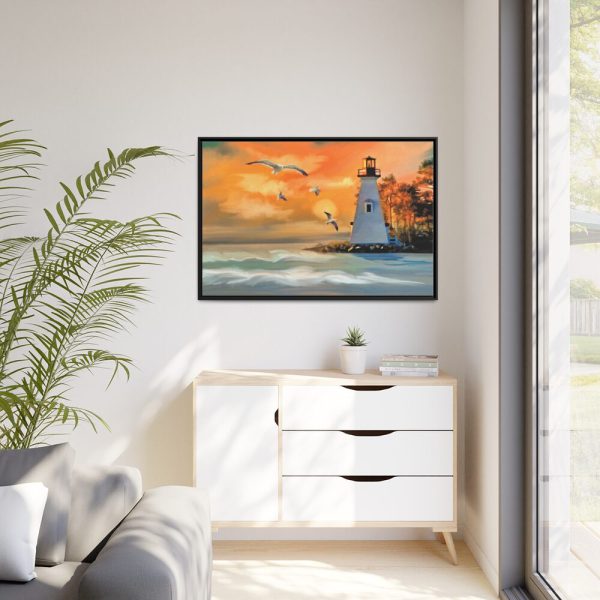 88289-1249.jpg Lighthouse Seagulls and a Beautiful Sky Framed Canvas