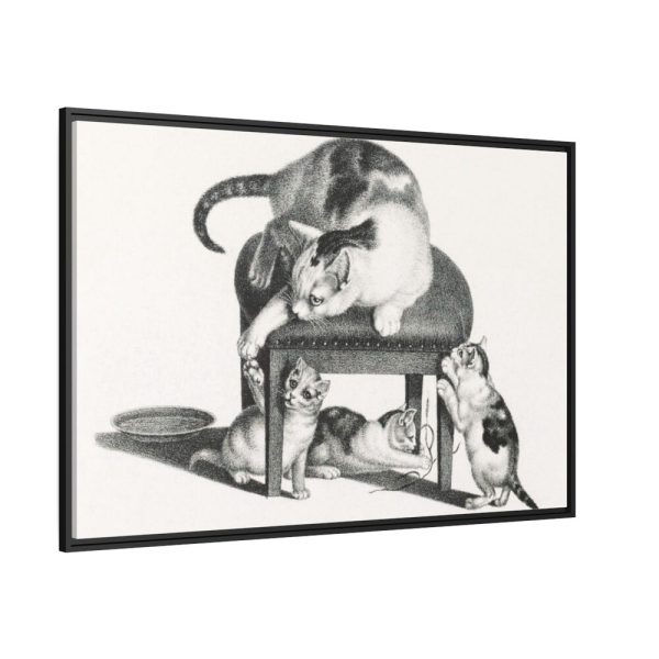 Domestic Cat on a Stool and Three Kittens by Gottfried Mind Framed Canvas