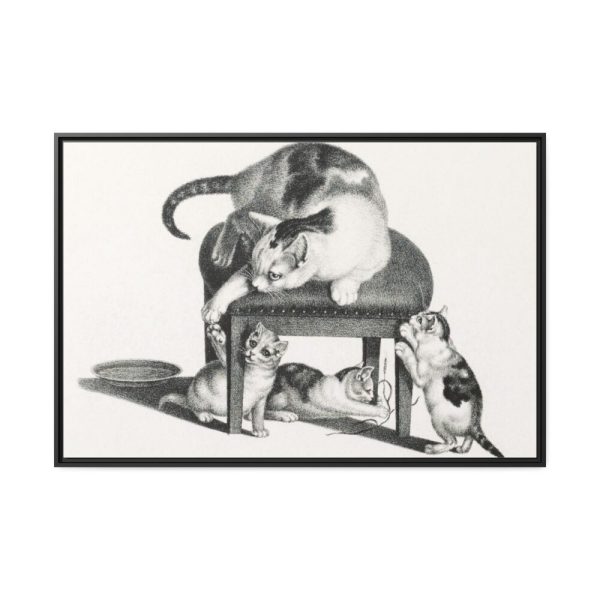 Domestic Cat on a Stool and Three Kittens by Gottfried Mind Framed Canvas