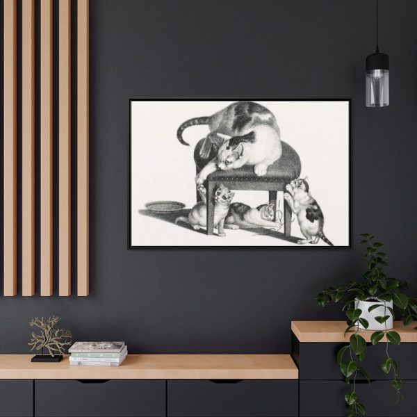Domestic Cat on a Stool and Three Kittens by Gottfried Mind Framed Canvas