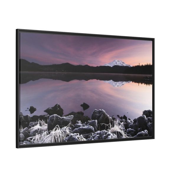 Snowy Mountains Over Lake Framed Canvas