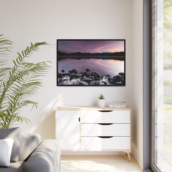 Snowy Mountains Over Lake Framed Canvas