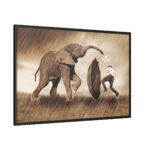 Elephant Play on the Rain with Umbrella Framed Canvas