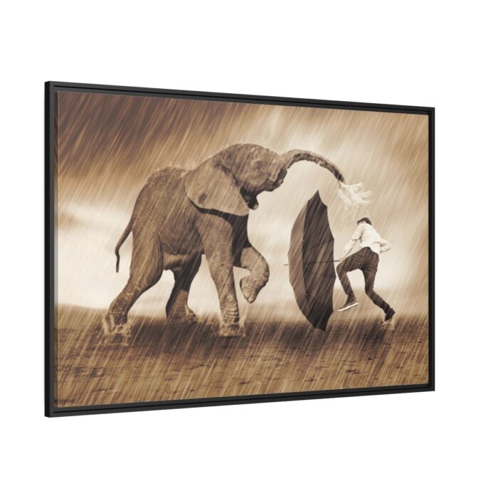 Elephant Play on the Rain with Umbrella Framed Canvas - Image 1