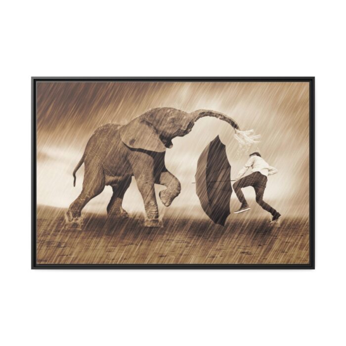 Elephant Play on the Rain with Umbrella Framed Canvas - Image 2