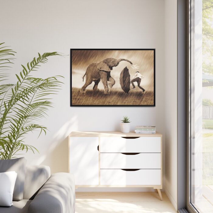 Elephant Play on the Rain with Umbrella Framed Canvas - Image 4