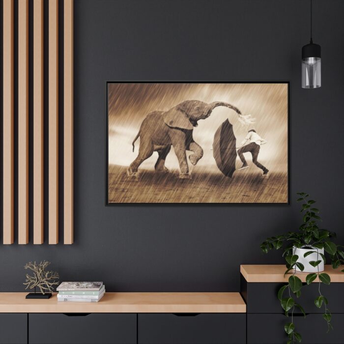 Elephant Play on the Rain with Umbrella Framed Canvas - Image 5
