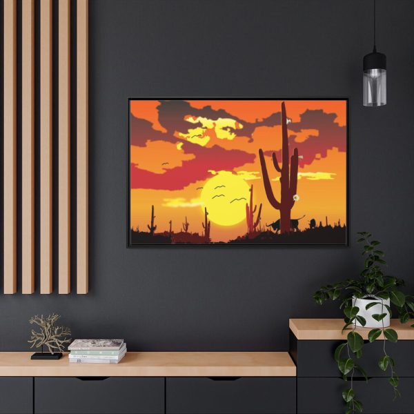 88289-734.jpg Cactus in Desert, Yellow Sky and Cow Framed Canvas