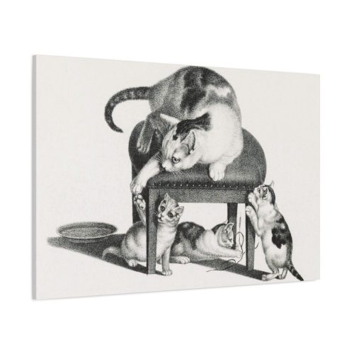 Domestic Cat on a Stool and Three  Kittens by Gottfried Mind Standard Canvas