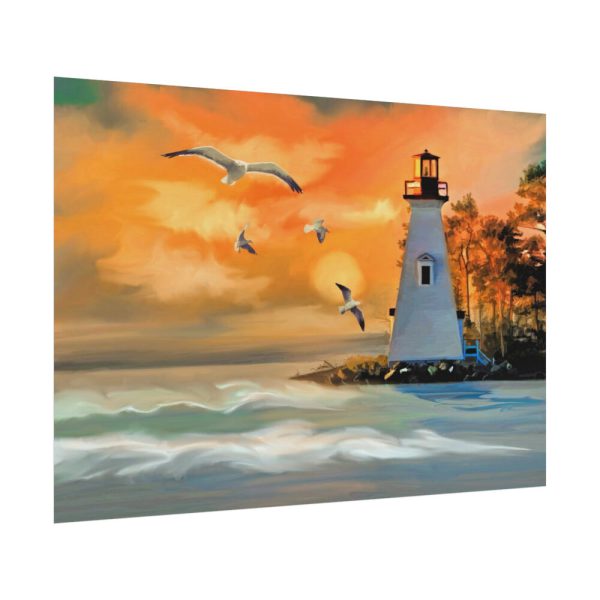 92408-1214.jpg Lighthouse Seagulls and a Beautiful Sky Poster