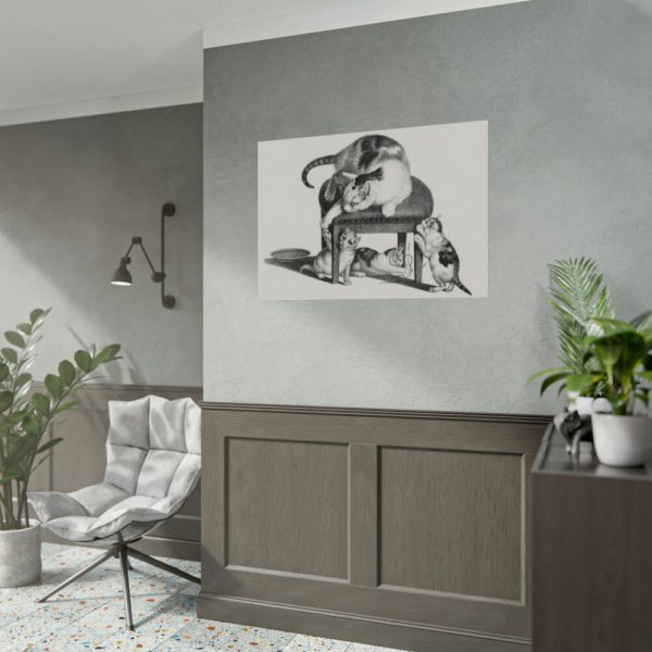92408-176.jpg Domestic Cat on a Stool and Three Kittens by Gottfried Mind Poster