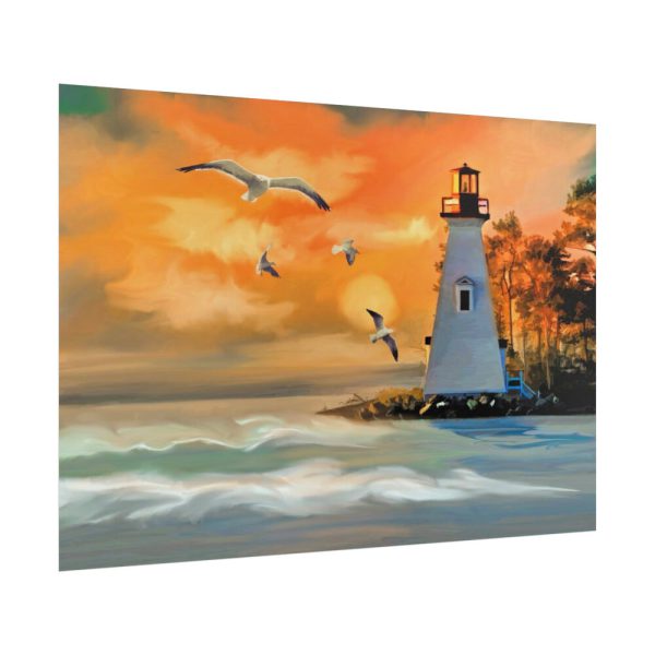 92409-1204.jpg Lighthouse Seagulls and a Beautiful Sky Poster