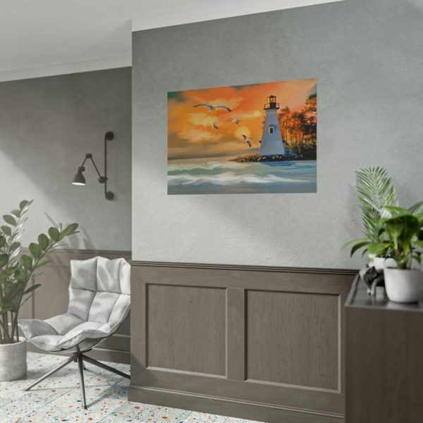 92409-1206.jpg Lighthouse Seagulls and a Beautiful Sky Poster