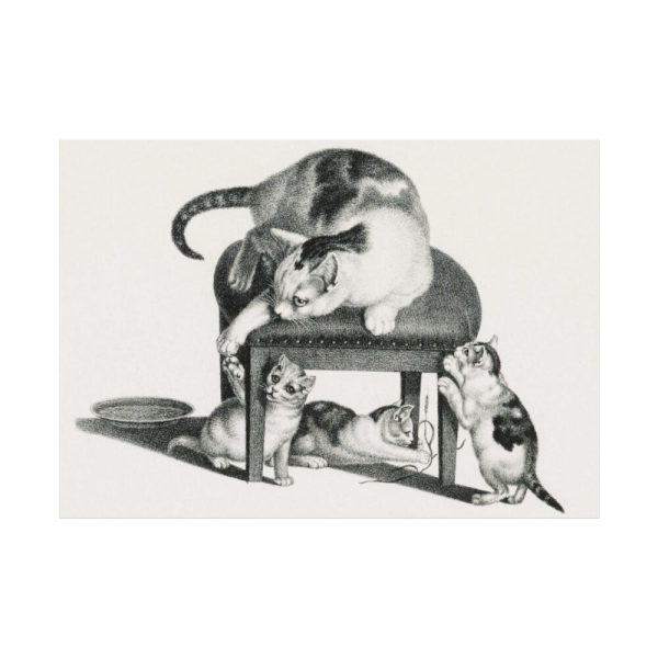 92409-172.jpg Domestic Cat on a Stool and Three Kittens by Gottfried Mind Poster