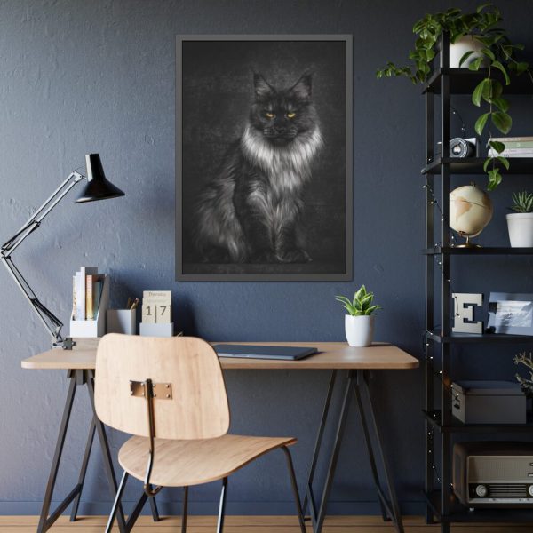 Black Silver Maine Coon Cat Sitting Framed Poster