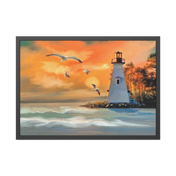 93854-1020.jpg Lighthouse Seagulls and a Beautiful Sky Framed Poster