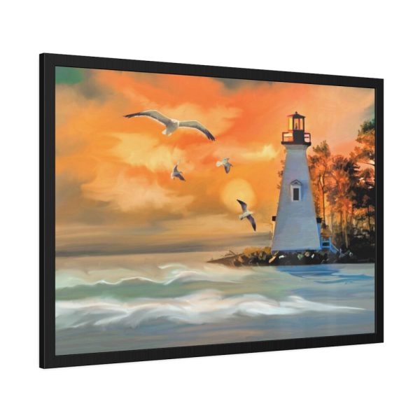 93854-1021.jpg Lighthouse Seagulls and a Beautiful Sky Framed Poster