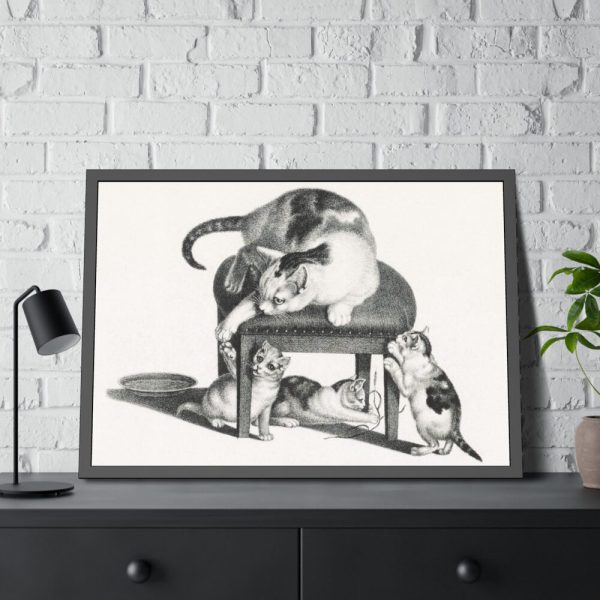 Domestic Cat on a Stool and Three Kittens by Gottfried Mind Framed Poster