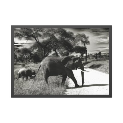 Mother and Baby Elephant on the Road Framed Poster