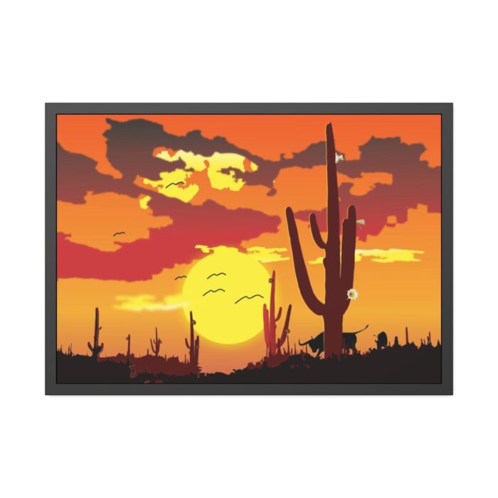 Cactus in Desert, Yellow Sky and Cow Framed Poster - Image 1