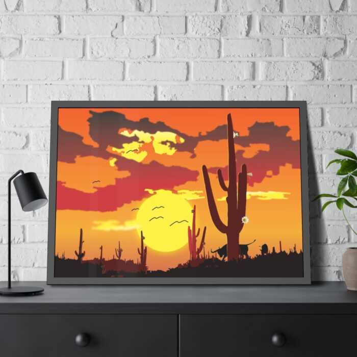 Cactus in Desert, Yellow Sky and Cow Framed Poster - Image 4