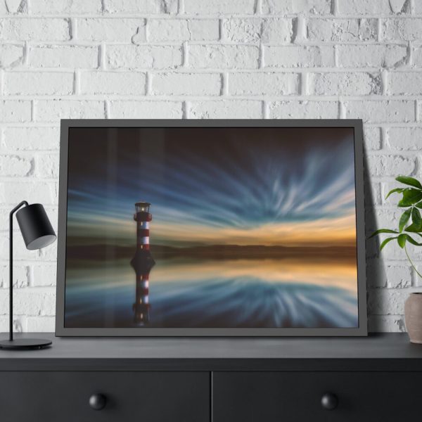 93854-887.jpg Water Reflection and Lighthouse in Dusk Framed Poster