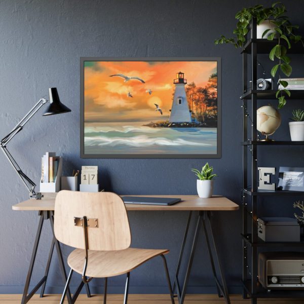 93855-1021.jpg Lighthouse Seagulls and a Beautiful Sky Framed Poster